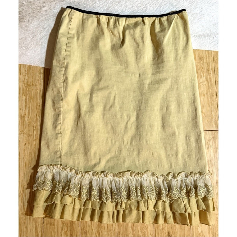 KLEEN Women's Yellow Pencil Skirt With Ruffles Floral Embroidered SIZE XS Preppy